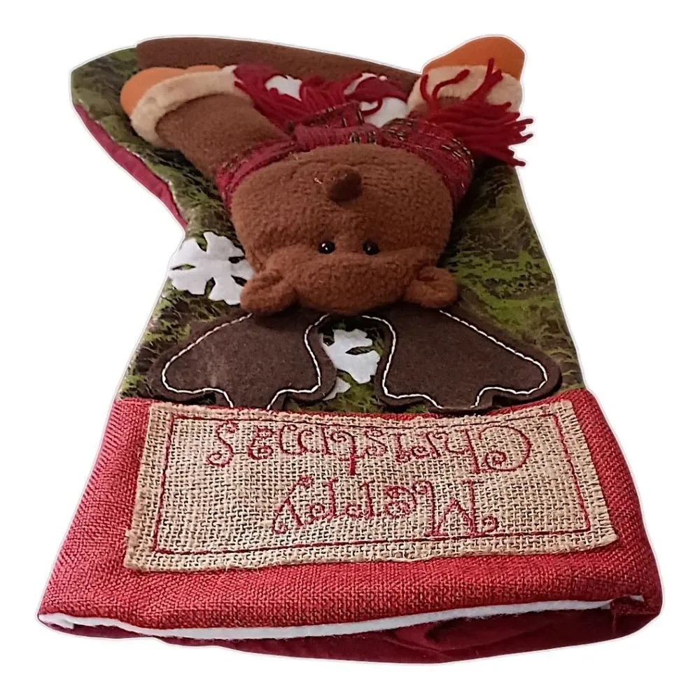 Reindeer‎ Moose Christmas Stocking Plush Folk Art Cabin Rustic Farmhouse Holiday